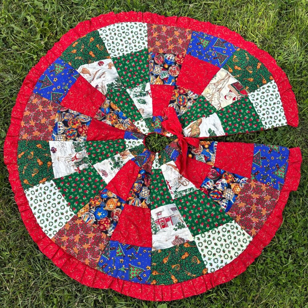 Vintage Handmade Patchwork Christmas Tree Skirt 44” Ruffled Country Holiday